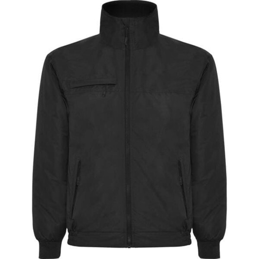 A black waterproof jacket with a high collar, front zip, and zippered pockets. It features a logo on the design.