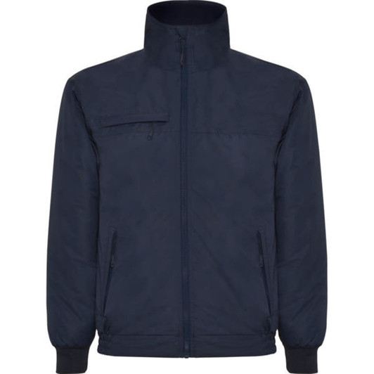 A navy waterproof jacket with a high collar and zippered pockets, featuring a logo on one side.