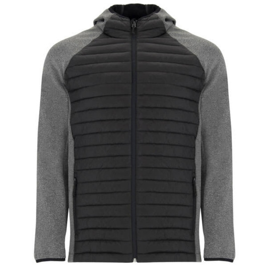 A black and grey zip-up jacket with a hood, featuring a textured design on the front and smooth fabric on the sleeves.