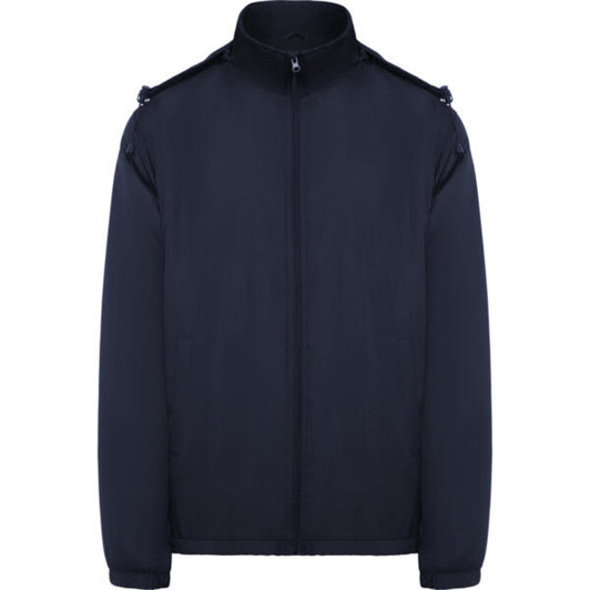 A navy water-repellent jacket with a zip front and shoulder detailing. It features a logo.