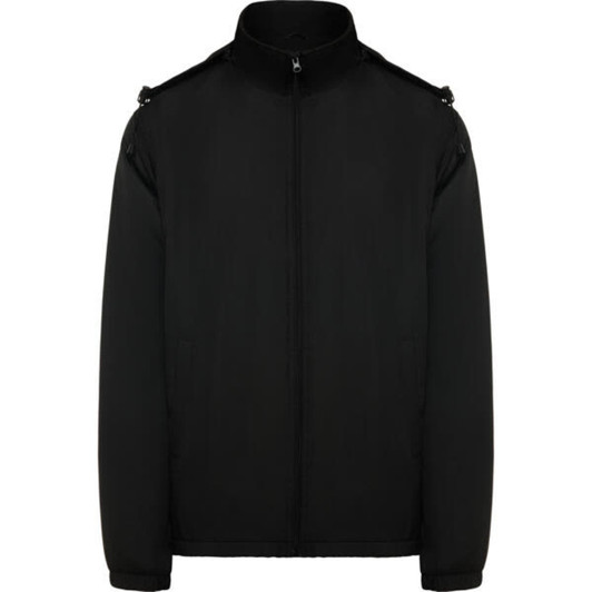 A black water-repellent jacket with a front zipper and shoulder detailing, featuring two side pockets and a logo.