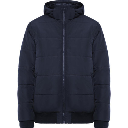 A water-repellent jacket in navy blue with a hood, featuring a zip closure and puffer design. It has a logo on it.
