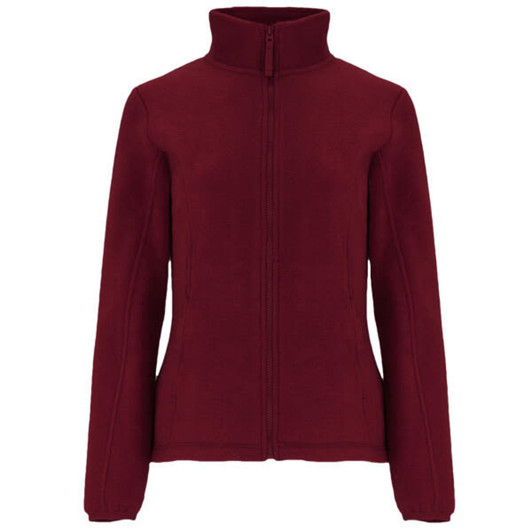 A burgundy women's fleece jacket with a full zip and a high collar, featuring side pockets and a logo.