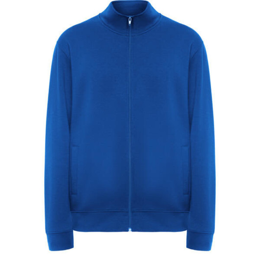 A blue sweatshirt with a zip-up front, high collar, and side pockets, featuring a logo.