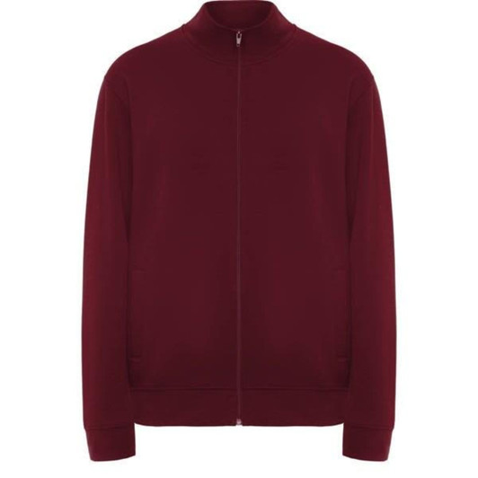 A burgundy sweatshirt with a zip-up front and a high collar. It features a logo on the chest.