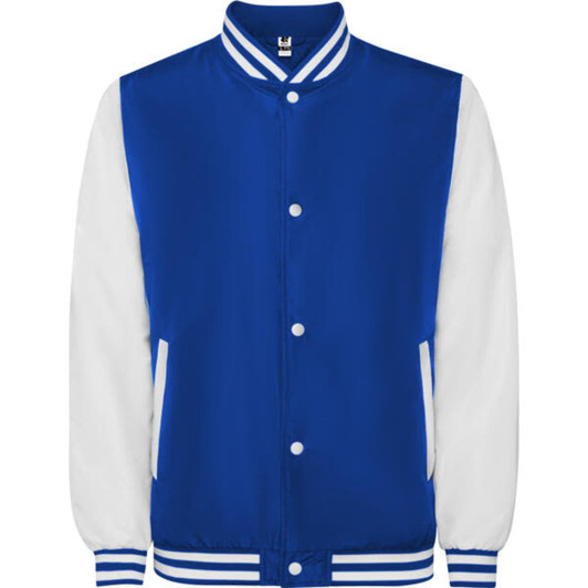 A blue and white California Jacket featuring a button-up front and striped collar and cuffs, with logo branding.