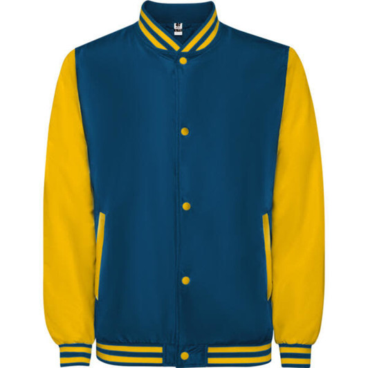 A blue and yellow California Jacket with a buttoned front, ribbed collar, and two side pockets. It has a logo.