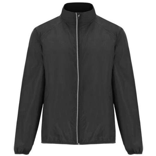 A lightweight black windbreaker featuring a full zip, high collar, and long sleeves, with a logo on the chest.