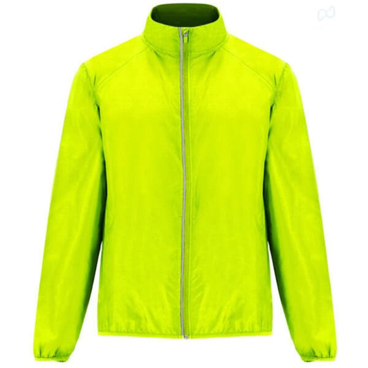 A lightweight windbreaker jacket in bright lime green with a full zip and a collar. Features a logo.