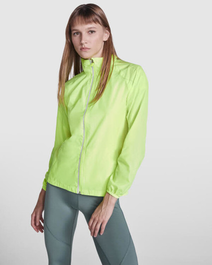 A lightweight windbreaker in bright neon green, featuring a high collar and a zip front, with a logo present.