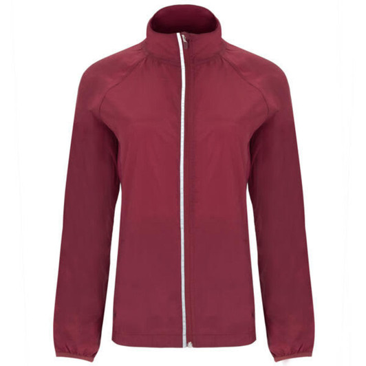 A lightweight windbreaker in burgundy with a front zipper and a high collar. The jacket has a logo.
