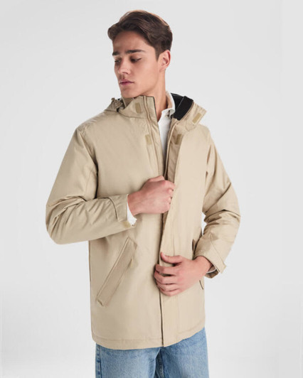 A beige parka jacket with a hood, featuring a front zip and side pockets, displayed on a model.