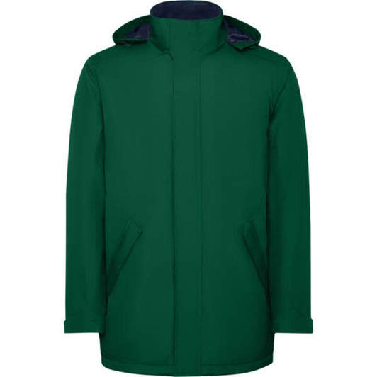 A green parka jacket with a hood, featuring side pockets and a contrasting navy interior.
