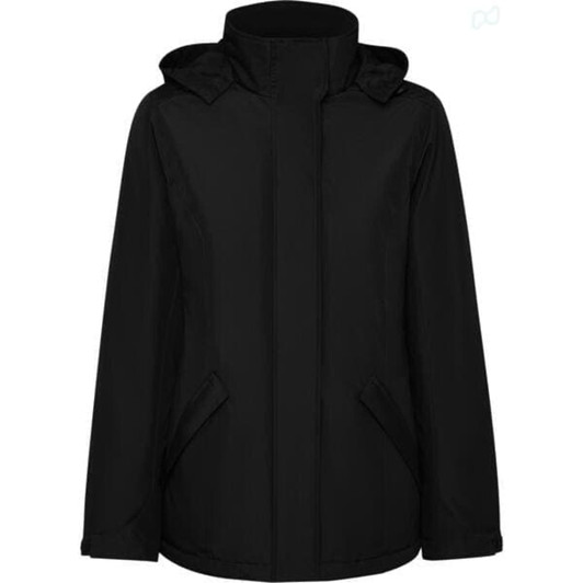 A black women's parka jacket featuring a hood and side pockets, with a simple design and an inconspicuous logo.