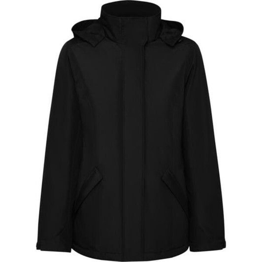 A black puffer jacket with a hood, featuring two side pockets and a sleek design. It includes a logo on the fabric.