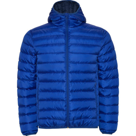 A blue waterproof hooded jacket with a zip front and puffy design, featuring a logo on one side.