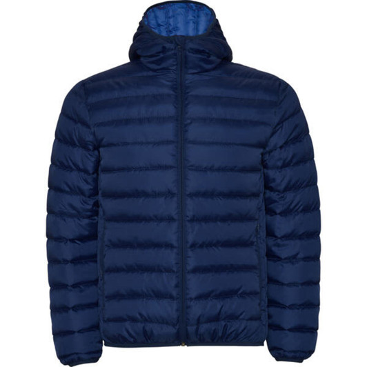 A navy blue waterproof hooded jacket with a quilted design and a front zip, featuring an inner lining.