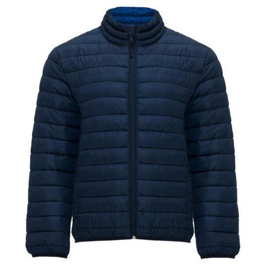 A navy waterproof jacket features a zip front and a quilted design, with a blue interior lining and a branded logo.