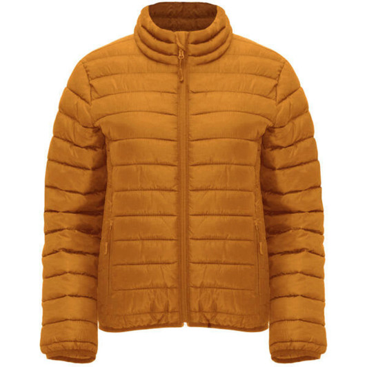 A women's waterproof jacket in a warm mustard yellow, featuring a zip front and stand-up collar. It has a simple logo.