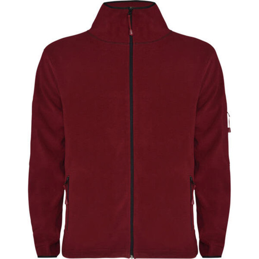 A maroon fleece jacket featuring a high collar and zippered pockets, with branding on the sleeve.