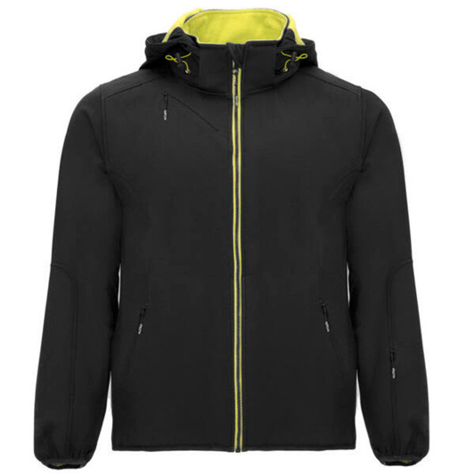 A black unisex softshell jacket with a hood, featuring yellow accents and zippered pockets. It has a logo.