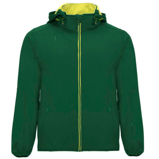 A unisex softshell jacket in green with a yellow inner lining and zippers, featuring a hood and branding.