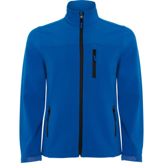 A blue softshell jacket with a high collar and zippered front, featuring two side pockets and a chest pocket.