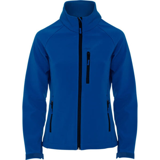 A blue women's softshell jacket with a zippered front and side pockets, featuring a stand-up collar and a logo.