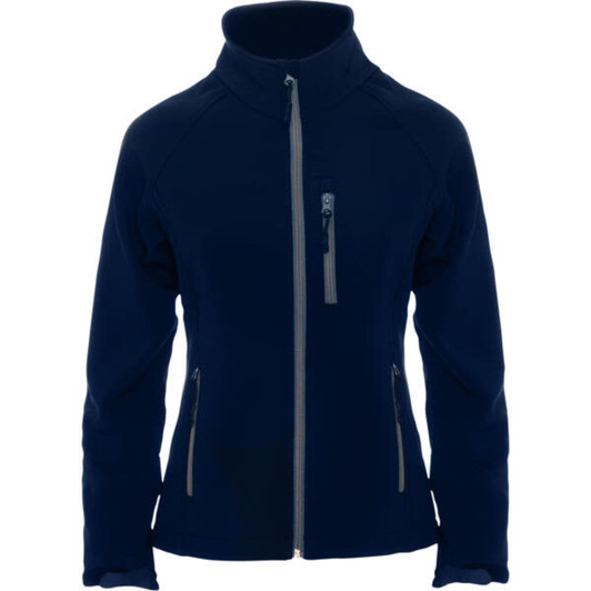 A navy women's softshell jacket featuring a zip front and side pockets, with a logo on the chest.