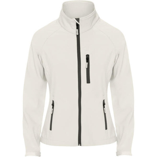 A women's softshell jacket in light grey with a high collar and zippered pockets. Features a logo on the chest.