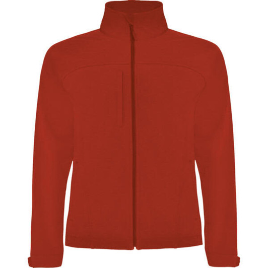 A red softshell jacket featuring a zip front, high collar, and a logo on the chest.