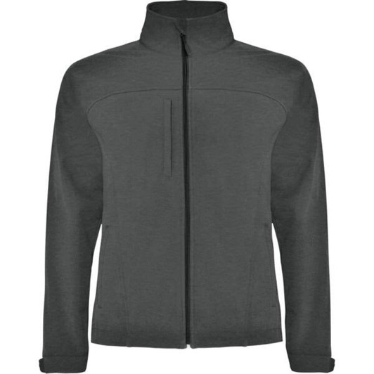 A grey softshell jacket featuring a high collar and a zip closure, with a logo on the front.
