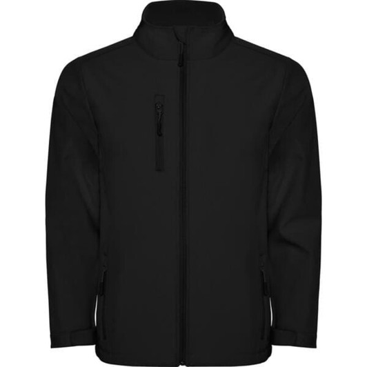 A black softshell jacket featuring a zippered front and pockets, and a visible logo.