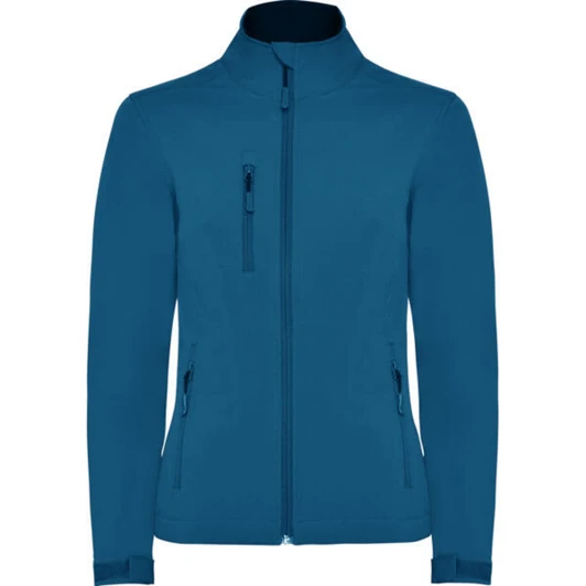 A softshell jacket in a vibrant blue colour featuring a zip front and multiple pockets, with a logo on the chest.