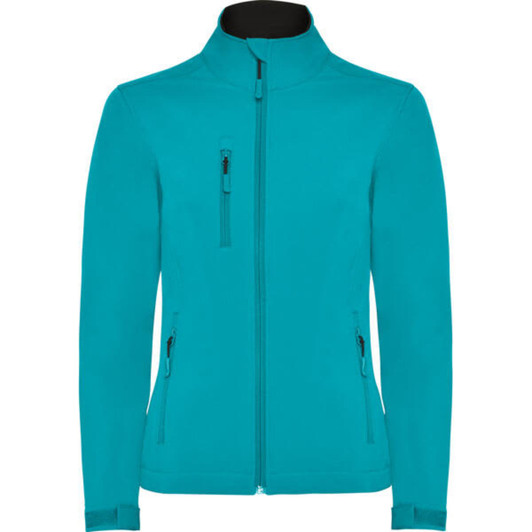 A softshell jacket in a bright teal colour, featuring a high collar and zippered pockets, with a logo.
