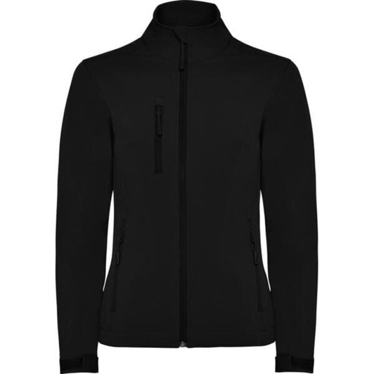 A black women's softshell jacket featuring a high collar and zippered pockets. It has a logo on the jacket.