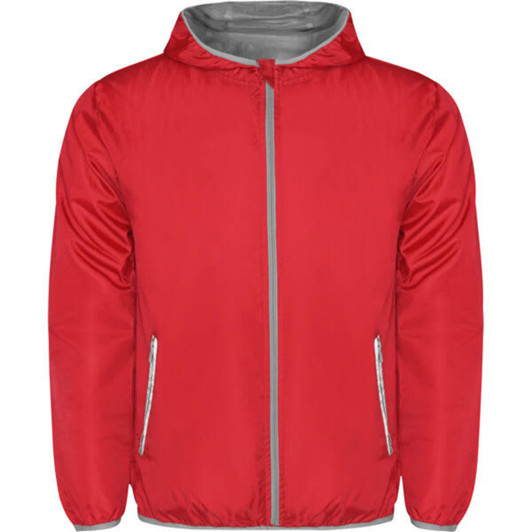 A red windbreaker jacket featuring a grey lining and zippered pockets, with a hood and a branding logo.
