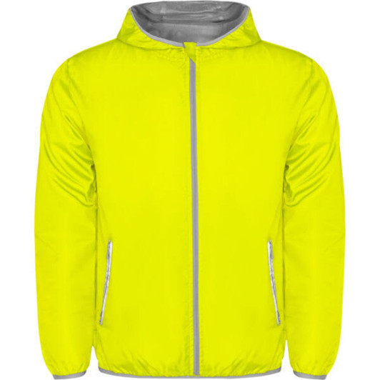 A bright yellow windbreaker jacket featuring a front zip and side pockets, with a grey lining and reflective detailing.