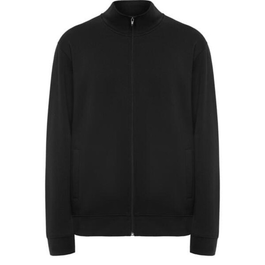 A black zip-up sweatshirt with a high collar and side pockets, featuring a logo.