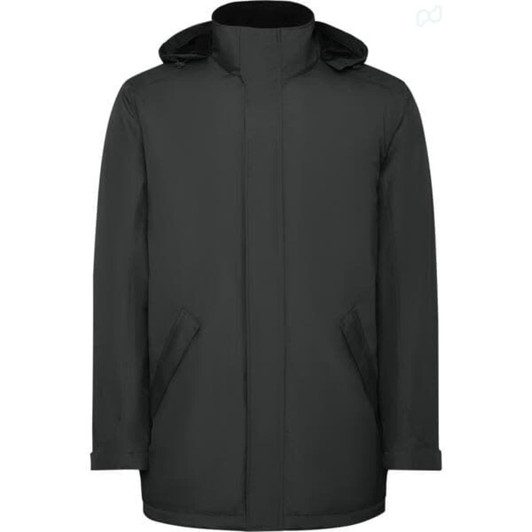 A black parka jacket featuring a hood and side pockets, designed for outdoor wear.