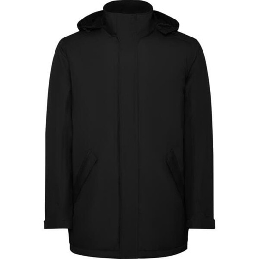 A black parka jacket with a hood and side pockets, featuring a simple design.