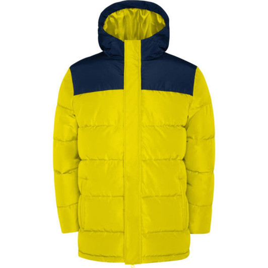 A yellow and navy water-repellent parka with a hood and puffy design, featuring a logo on the chest area.