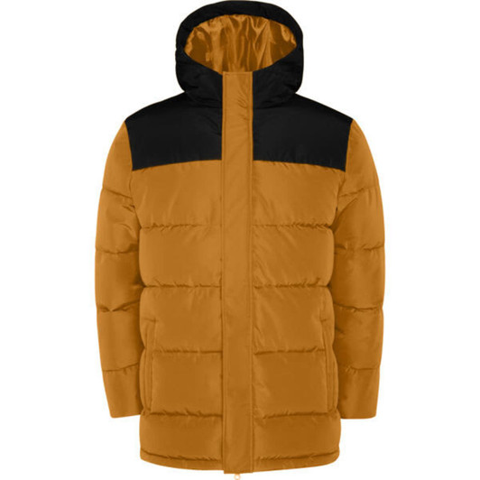 A water-repellent parka in warm orange with a black hood and upper section, featuring a logo on the front.