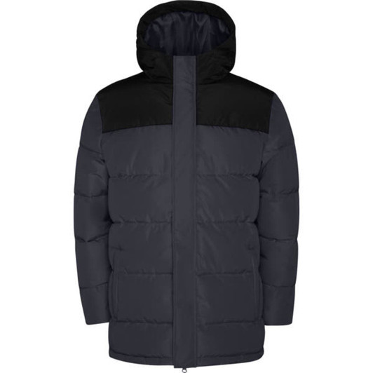 A water-repellent parka in navy and black, featuring a hood and a zip-front design. Includes a logo.
