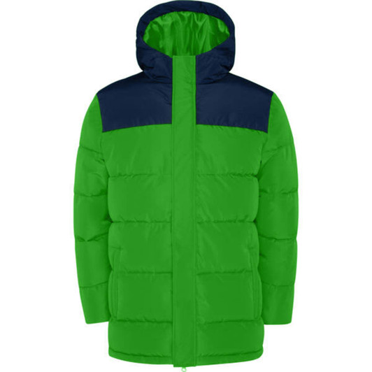 A vibrant green water-repellent parka with a navy blue hood and upper panel, featuring a logo.