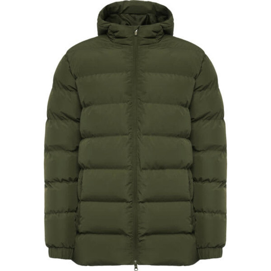 An olive green water-repellent parka featuring a zip front and a hood, with a padded design and a logo.