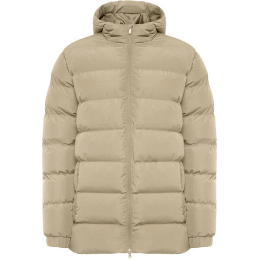 A beige water-repellent parka with a zip-up front and a hood, featuring a puffy design. Includes a logo.