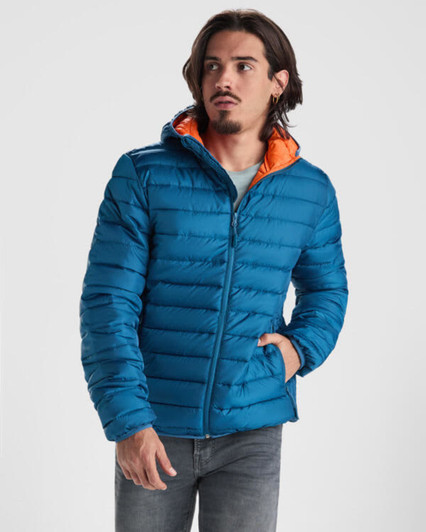 A waterproof hooded jacket in bright blue with an orange interior, featuring a zip front and a logo on the chest.
