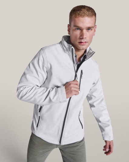 A softshell jacket in white with a zip closure and side pockets, featuring a logo on the chest.