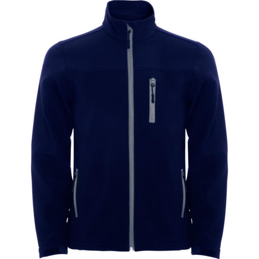 A navy softshell jacket featuring a high collar, zipped pockets, and a logo on the chest.